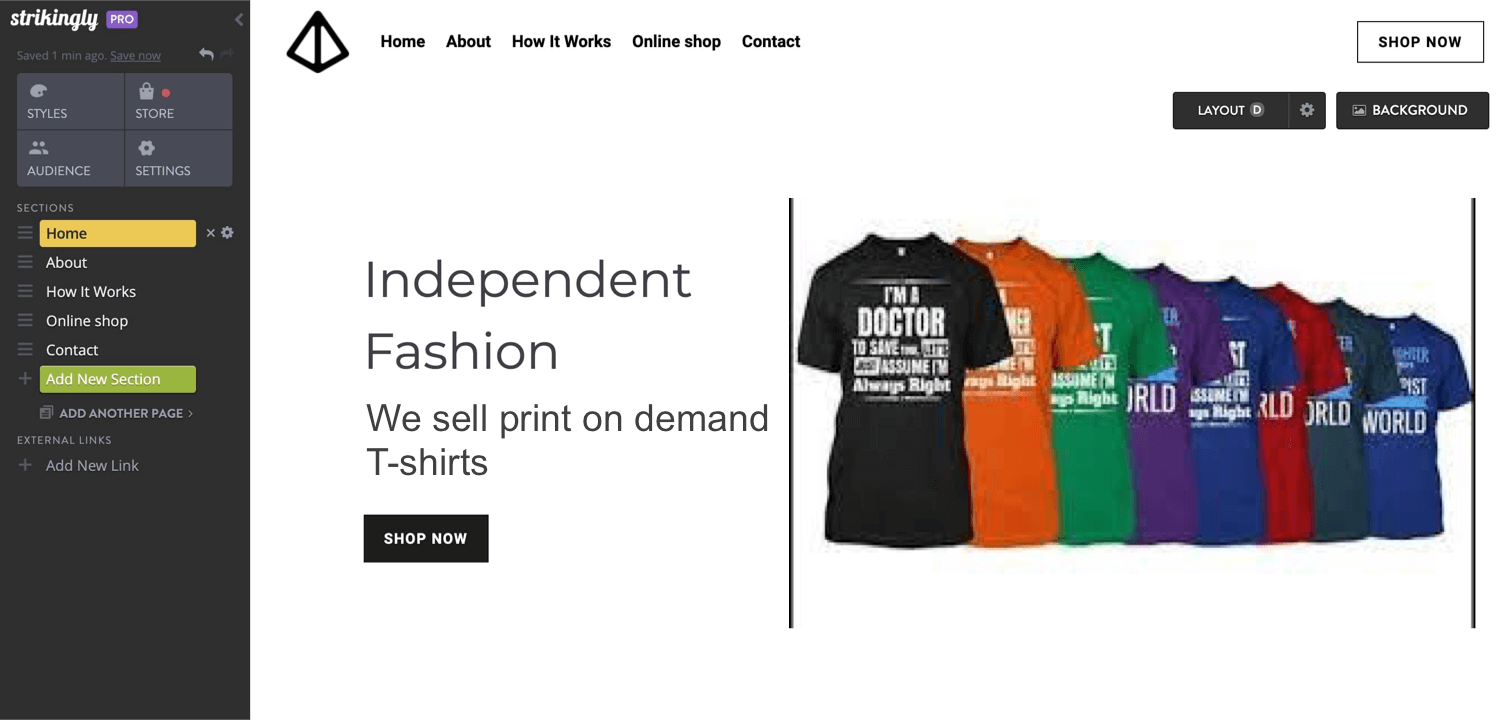 Strikingly editor showcasing print-on-demand product items that tells a little bit about their supply chain Strikingly editor showcasing print-on-demand product items that tells a little bit about their supply chain